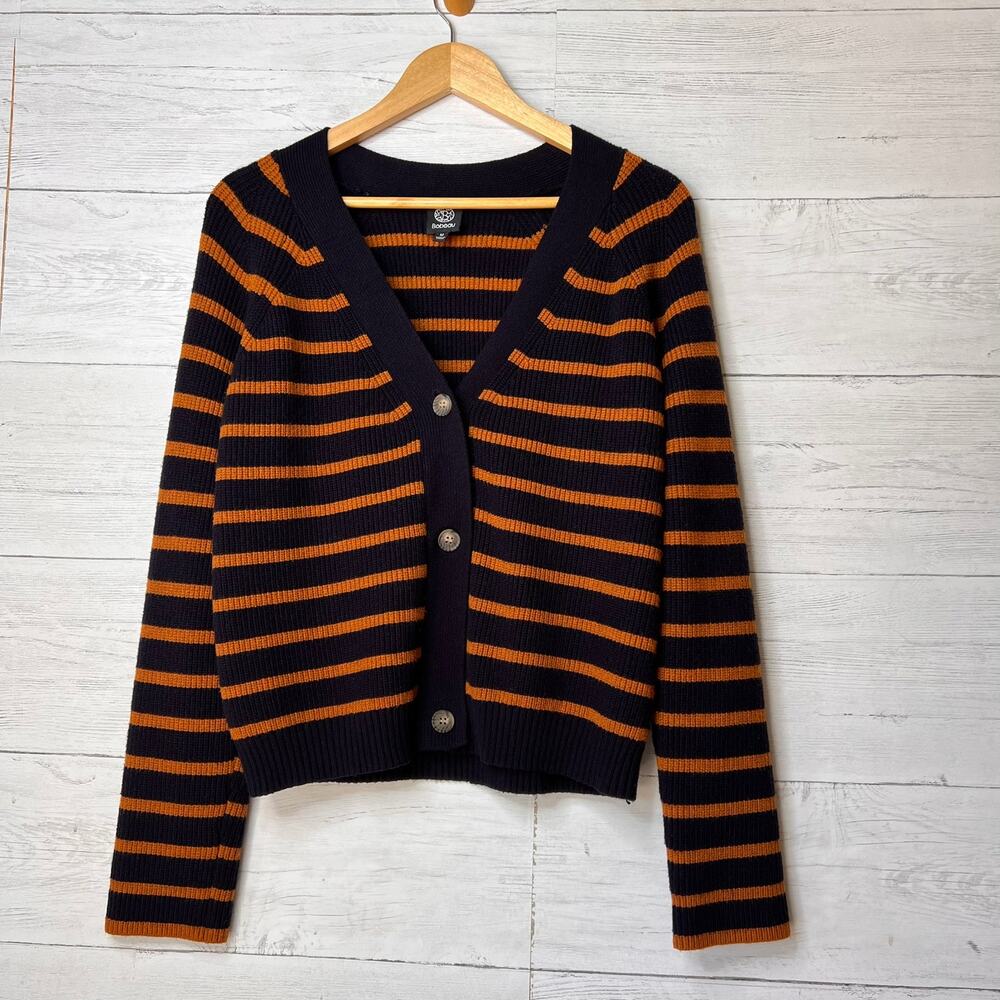 Bobeau Sweater Womens Size Medium Navy & Brown Striped Button Down Academia